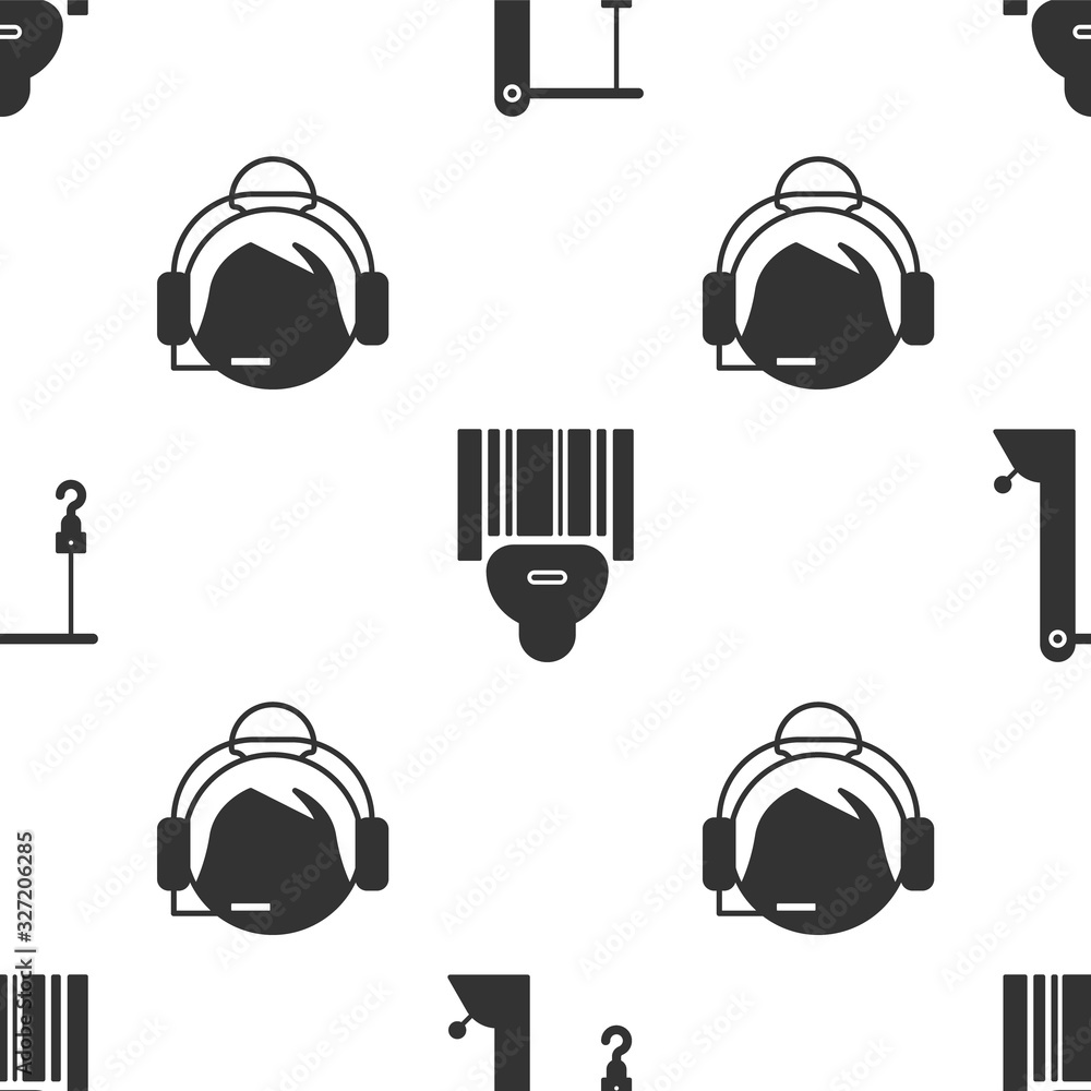 Poster set harbor port crane, scanner scanning bar code and support operator in touch on seamless pattern. 