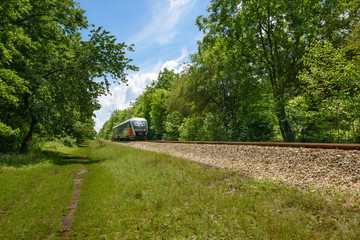 Modern passenger express train, passing through the forest background