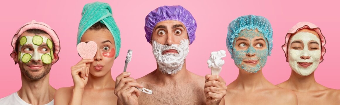 Collage shot of five people have hygienic and cosmetic procedures to look young and beautiful. Man in center applies foaming gel, going to shave, women apply face masks to reduce wrinkles, black dots