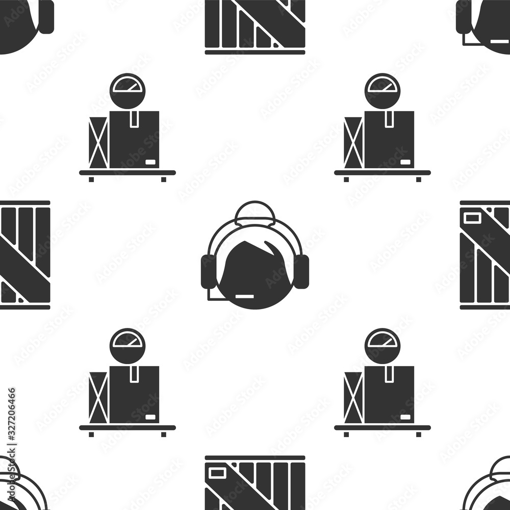 Poster set wooden box , support operator in touch and scale with cardboard box on seamless pattern. vector