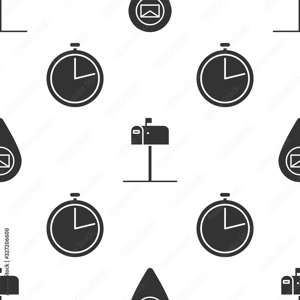 Poster set placeholder on map paper, open mail box and stopwatch on seamless pattern. vector