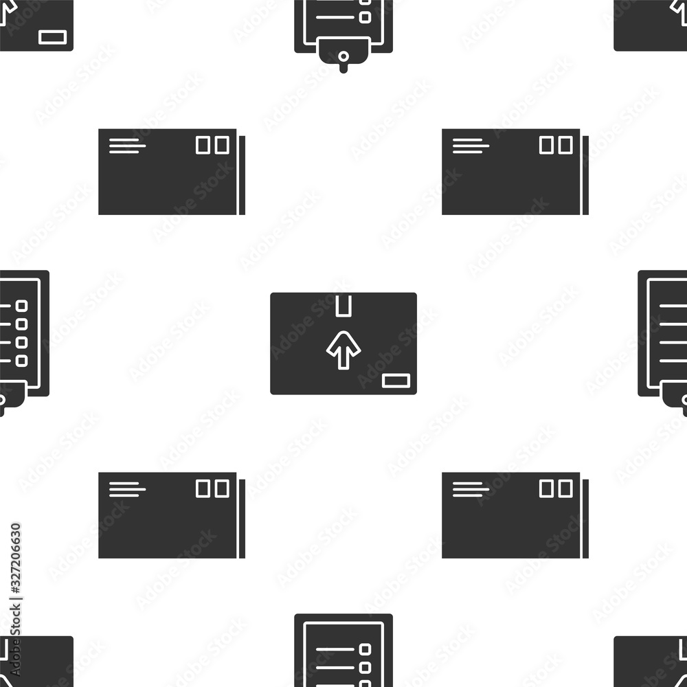 Poster Set Verification of delivery list clipboard , Cardboard box with traffic symbol and Envelope on seamless pattern. Vector