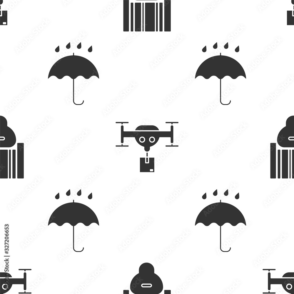 Poster set scanner scanning bar code , delivery drone with the package and umbrella and rain drops on seaml