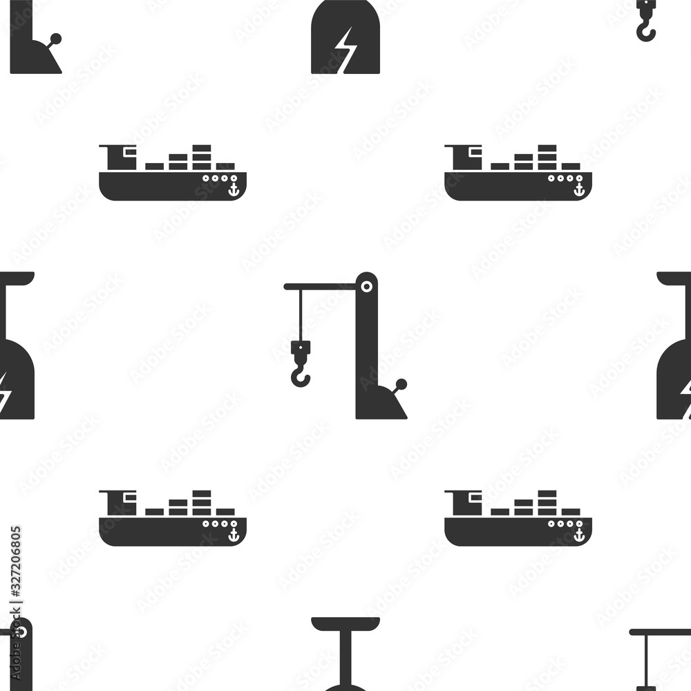 Poster set fragile broken glass symbol, harbor port crane and cargo ship with boxes delivery service on sea