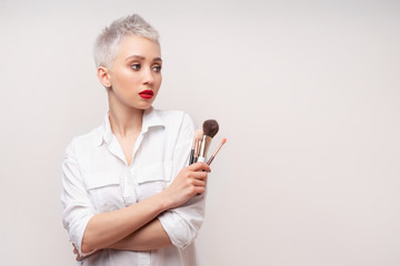 Close up portrait makeup artist. Make up courses. Concept of self visage masterclasess. Fashion...