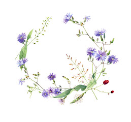 Obraz na płótnie Canvas Wreath of watercolor wild blue flowers and herbs.For congratulations, invitations, weddings, birthday, anniversary