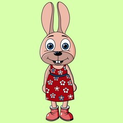 Little cute rabbit girl dressed in a cute flower dress. Small animals cause emotion and joy. Vector hand-drawn illustration.
