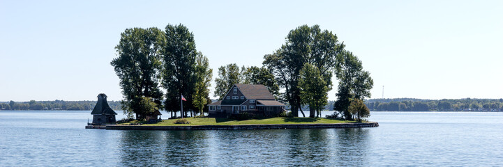 Panoramic image. One Island in Thousand Islands Region of New York State. USA