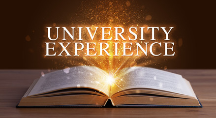UNIVERSITY EXPERIENCE inscription coming out from an open book, educational concept