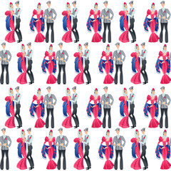 Dancing couple in traditional clothes during the festival of “San Isidro” (Fiestas de San Isidro), patron of Madrid. Seamless background pattern.