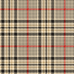 Seamless glen plaid pattern. Fabric tartan check texture in black, gold, and red for jacket, coat, skirt, or other modern fashion textile print. Background for autumn and winter clothing fabric design