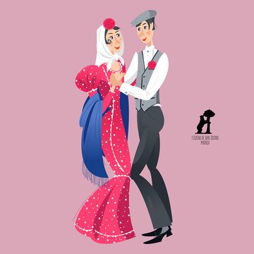 Dancing couple in traditional clothes during the festival of &ldquo;San Isidro&rdquo; (Fiestas de San Isidro), patron of Madrid.