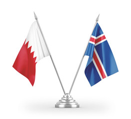 Iceland and Bahrain table flags isolated on white 3D rendering