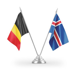 Iceland and Belgium table flags isolated on white 3D rendering