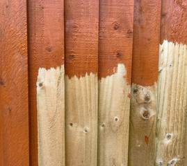 Part painted wooden fence panel showing before and after. No people