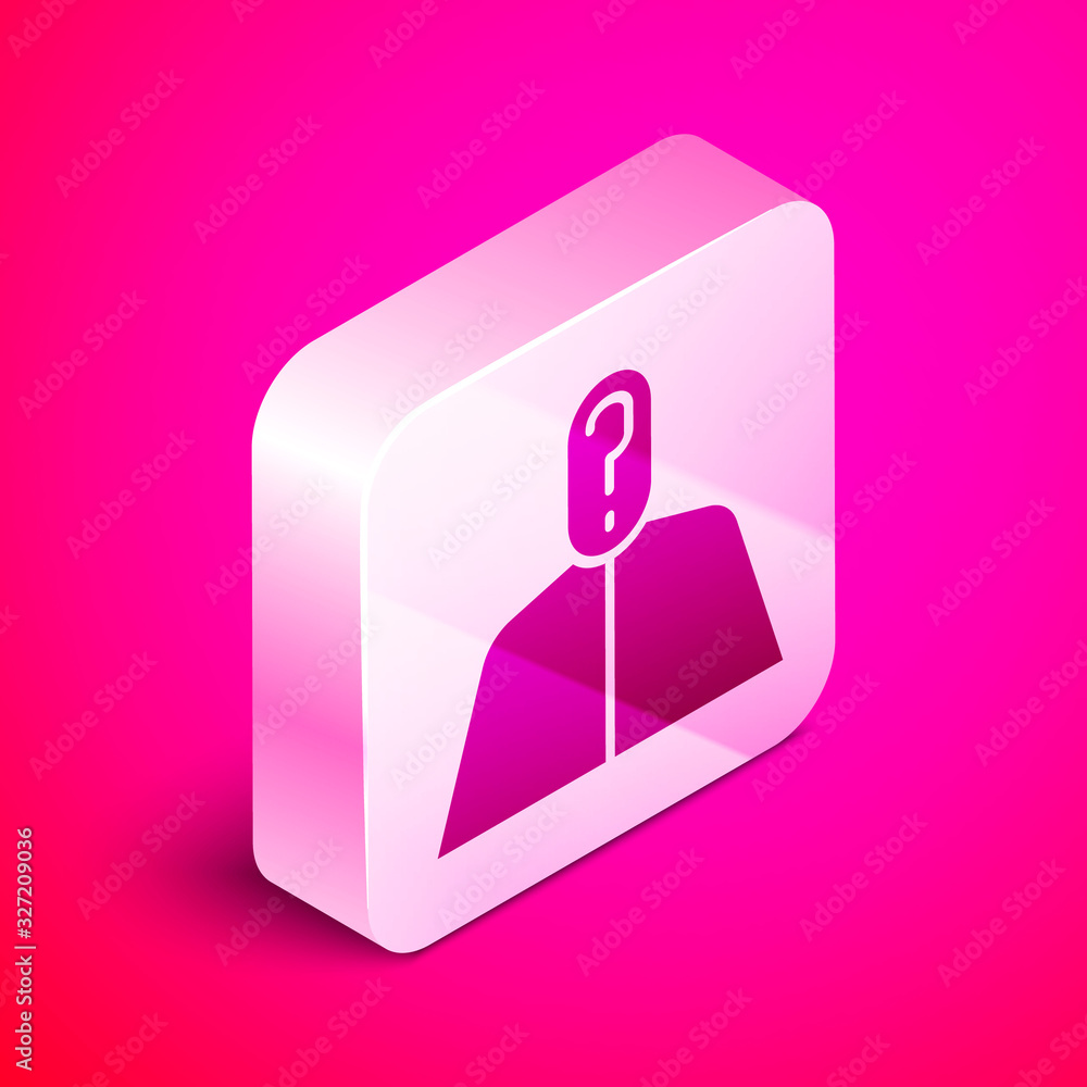 Poster isometric anonymous man with question mark icon isolated on pink background. unknown user, incognito