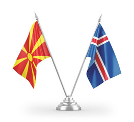 Iceland and North Macedonia table flags isolated on white 3D rendering