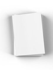 Open magazines with a glued binding. Stack of catalogues. Vertical A4 format. 3d illustration.