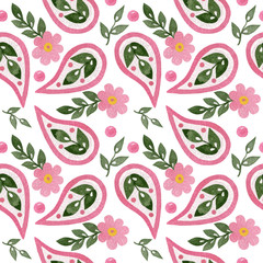 Watercolor seamless pattern with flower and leaf isolated on the white background