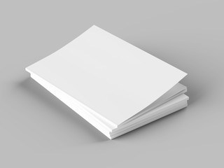 Open magazines with a glued binding. Stack of catalogues. Vertical A4 format. 3d illustration.