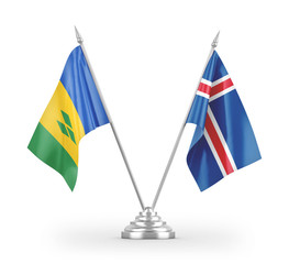 Iceland and Saint Vincent and the Grenadines table flags isolated on white 3D rendering