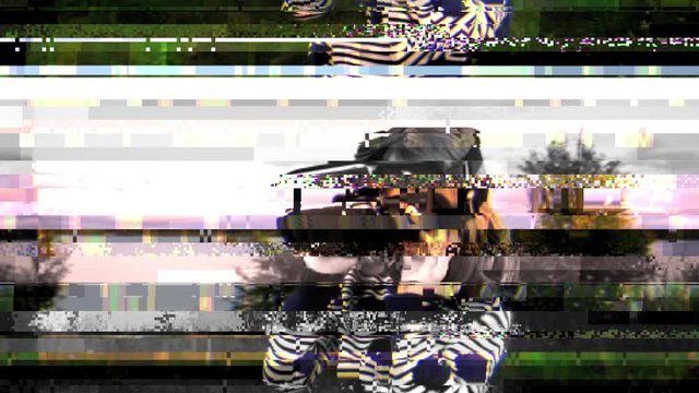 Glitch noise effect. Little girl looks in virtual reality glasses on a background of nature.