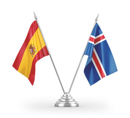 Iceland and Spain table flags isolated on white 3D rendering