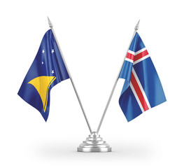 Iceland and Tokelau table flags isolated on white 3D rendering