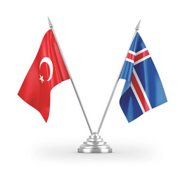 Iceland and Turkey table flags isolated on white 3D rendering