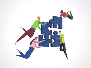 Teamwork concept with persons and puzzle elements. Team Metaphor. Template for web banner, landing page. Flat vector illustration isolated on white background.