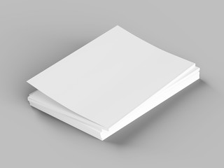 Open magazines with a glued binding. Stack of catalogues. Vertical A4 format. 3d illustration.