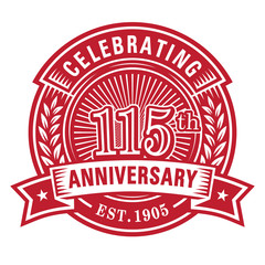 115 years of celebrations design template. 115th anniversary logo. Vector and illustrations.