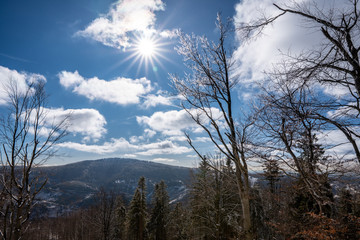 Gorgeous winter landscape in the mountains with sun, Slovakia and Beskids