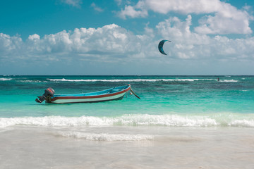 The boat in the Caribbean Sea on a sunny day.