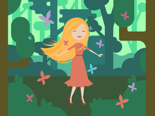 Spring girl walks through the woods