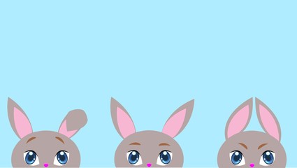 3 cute rabbits on a blue background looking surprised 