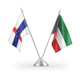 Kuwait and Netherlands Antilles table flags isolated on white 3D rendering