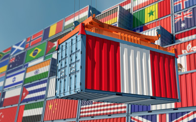 Freight container with Peru flag. 3D Rendering