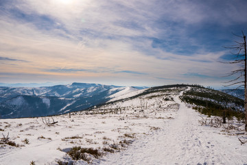 Fototapeta na wymiar Winter landscape in mountains at sunshine day with beautiful clouds, Poland Beskids