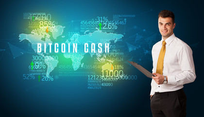 Businessman in front of a decision with BITCOIN CASH inscription, business concept