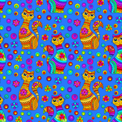 Seamless pattern with bright cats and flowers in stained glass style on a blue background