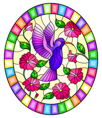Illustration in stained glass style with a branch of pink flowers and bright purple bird Hummingbird on a yellow background, round image in bright frame