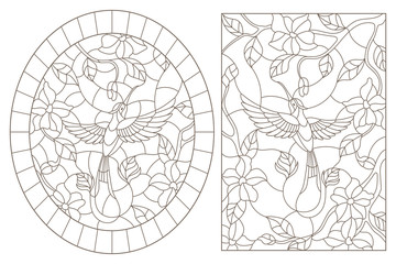A set of contour illustrations of stained glass Windows with Hummingbird birdsand flowers, dark contours on a white background