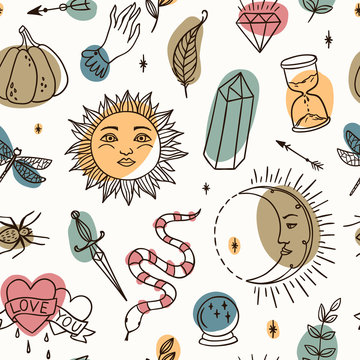 Hand drawn magic seamless pattern, witchcraft vector outline doodle colored symbols. Mystery and helloween collection: crescent, crystal, snake, spider, feather, knife, pumpkin, branch, sun symbol.