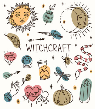 Hand drawn witchcraft set with magic tools: crystal, ball, knife, sun crescent, branch, pumpkin. Outline doodle with colored spots. Perfect for helloween cards.