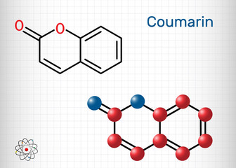 Coumarin, C9H6O2 molecule. It has sweet odor, recognised as scent of newly-mown hay. Coumarinic compounds are a class of lactones.  Sheet of paper in a cage