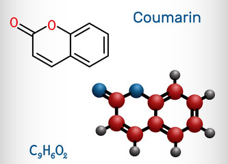 Coumarin, C9H6O2 molecule. It has sweet odor, recognised as scent of newly-mown hay. Coumarinic compounds are a class of lactones.  Structural chemical formula and molecule model