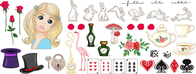Alice in wonderland set. Alice, rabbit, cat, queen and other elements for design. Clip art, set of elements for design. Vector illustration..
