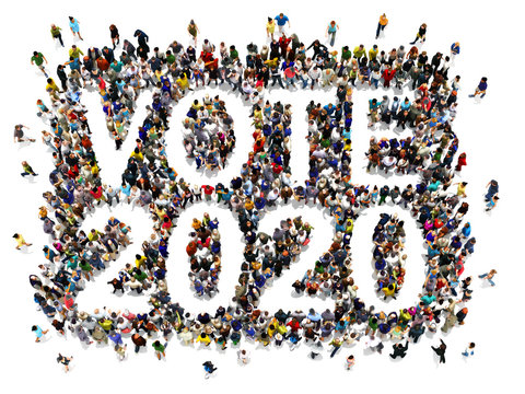People that are registering and voting in 2020 election concept. Large group of people walking to and forming the shape of the word text vote 2020 on a white isolated background. 3d rendering.