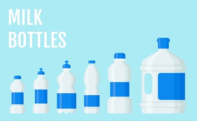 bottles related plastic milk bottles with cap and label vectors illustrations in flat style,